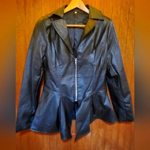 Black Peplum PU Leather Jacket